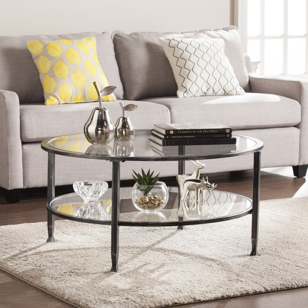 36" Black Glass And Metal Round Coffee Table