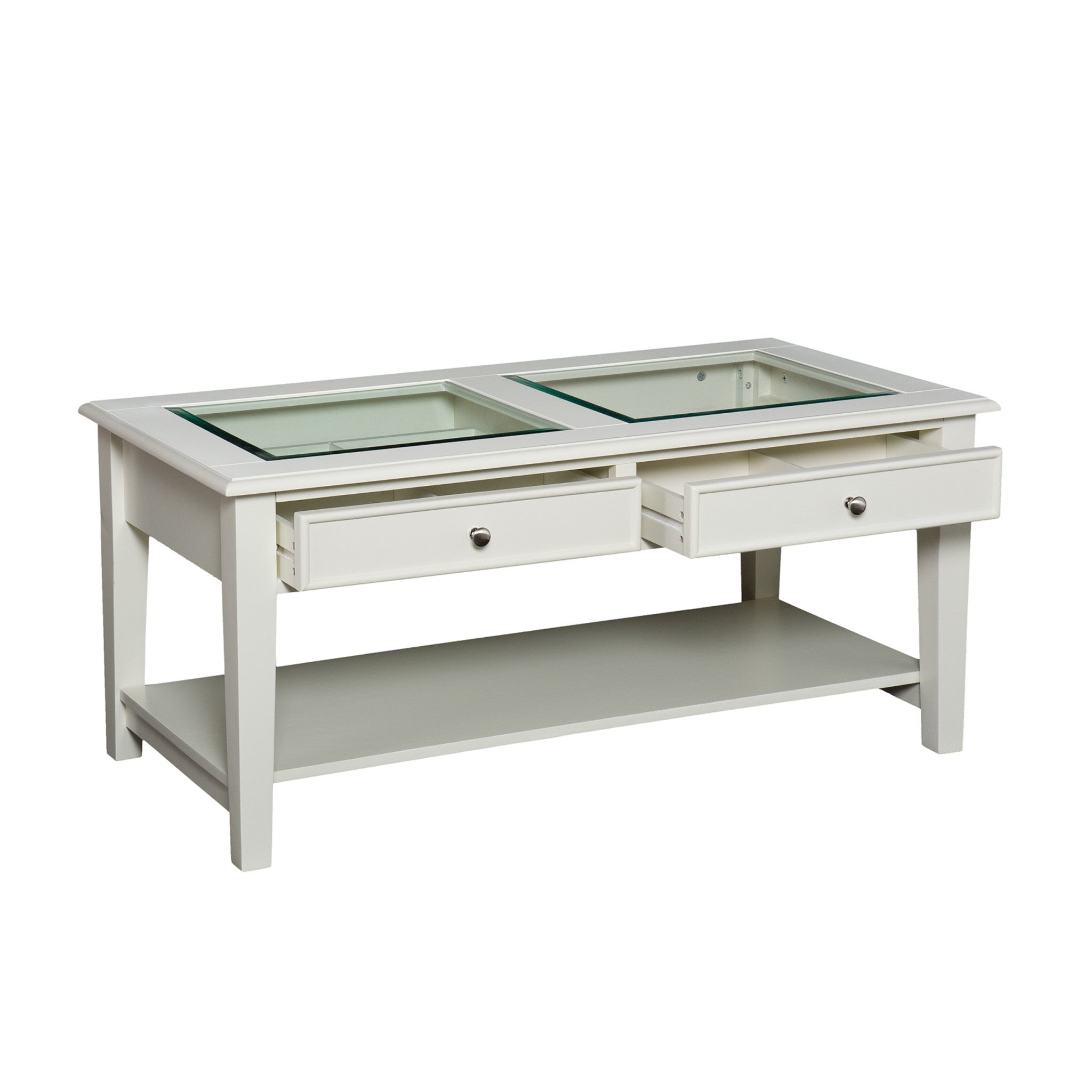 44" Off And White And Off-White Glass And Metal Rectangular Coffee Table