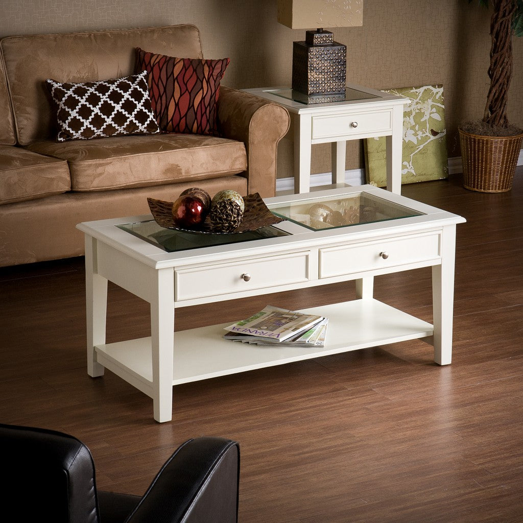 44" Off And White And Off-White Glass And Metal Rectangular Coffee Table