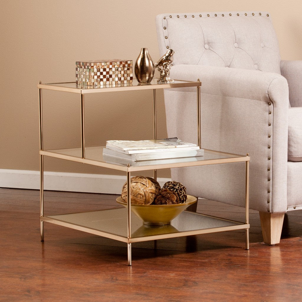24" Gold And Clear Glass Tiered Rectangular End Table