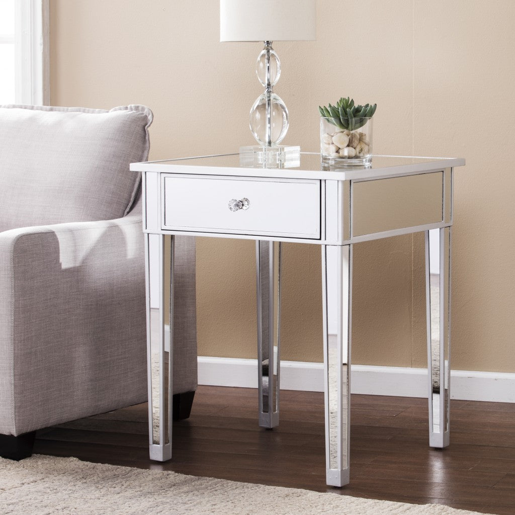 29" Silver And Reflective Glass Square End Table With Drawer