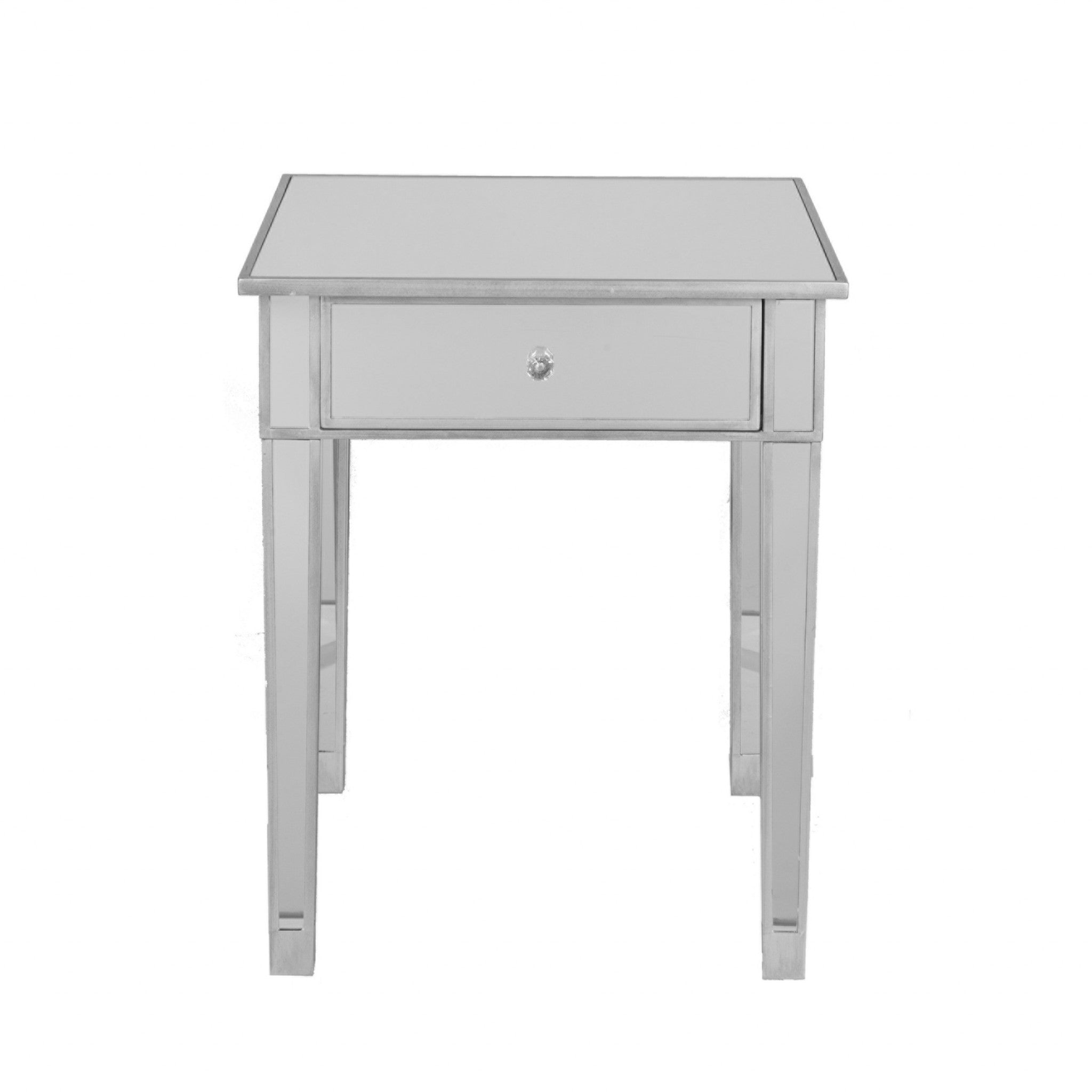 29" Silver And Reflective Glass Square End Table With Drawer