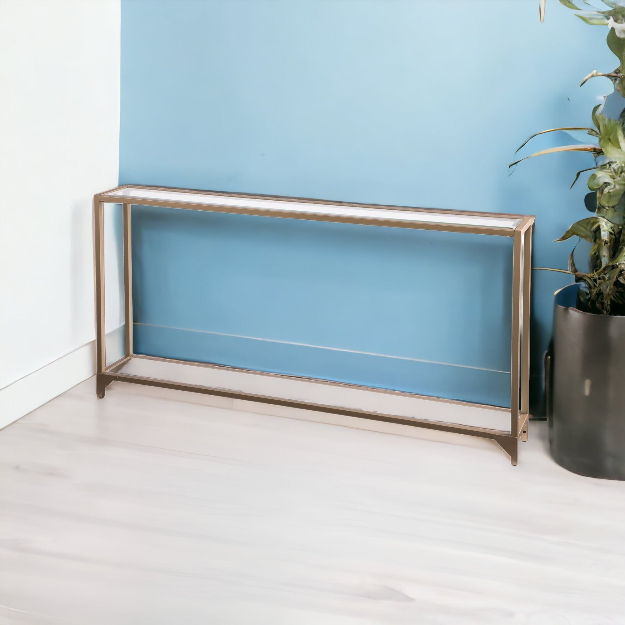 56" Clear and Gold Glass Floor Shelf Console Table With Storage