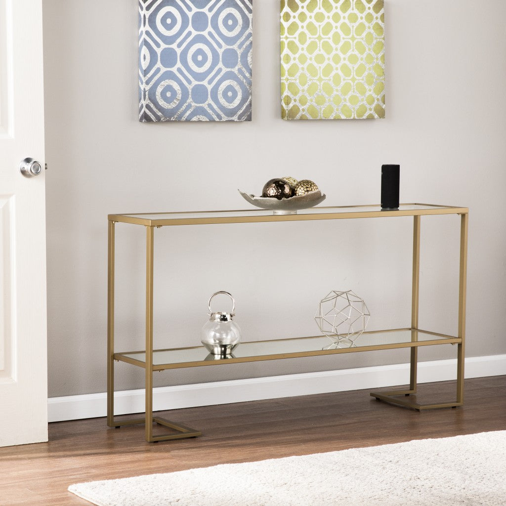 52" Clear and Gold Glass Mirrored Frame Console Table With Storage