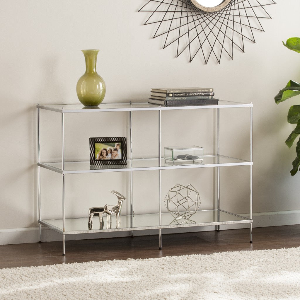 42" Clear and Silver Glass Mirrored Floor Shelf Console Table With Storage