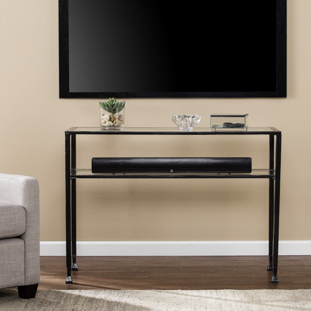 43" Clear and Black and Silver Glass Distressed Console Table With Storage