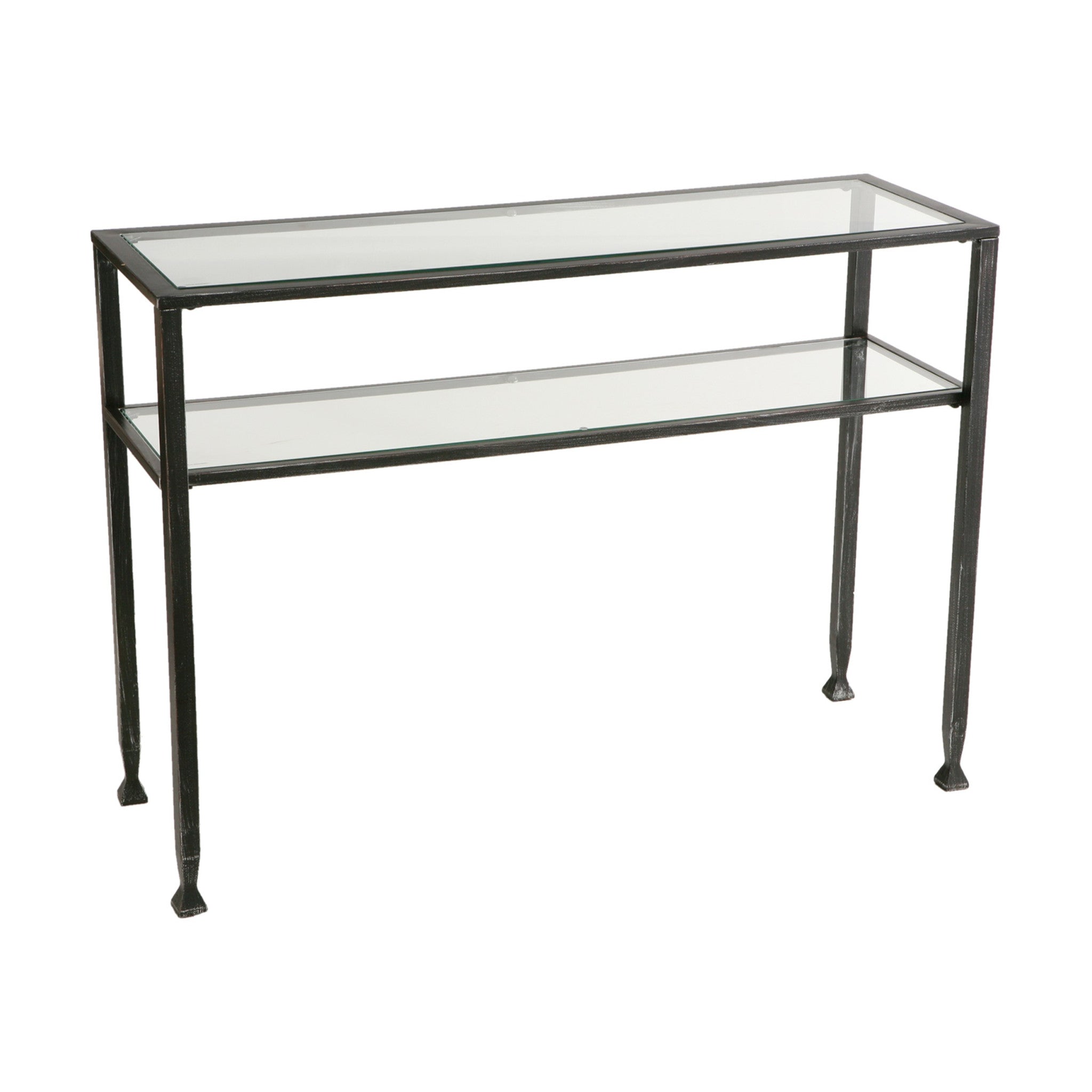 43" Clear and Black and Silver Glass Distressed Console Table With Storage