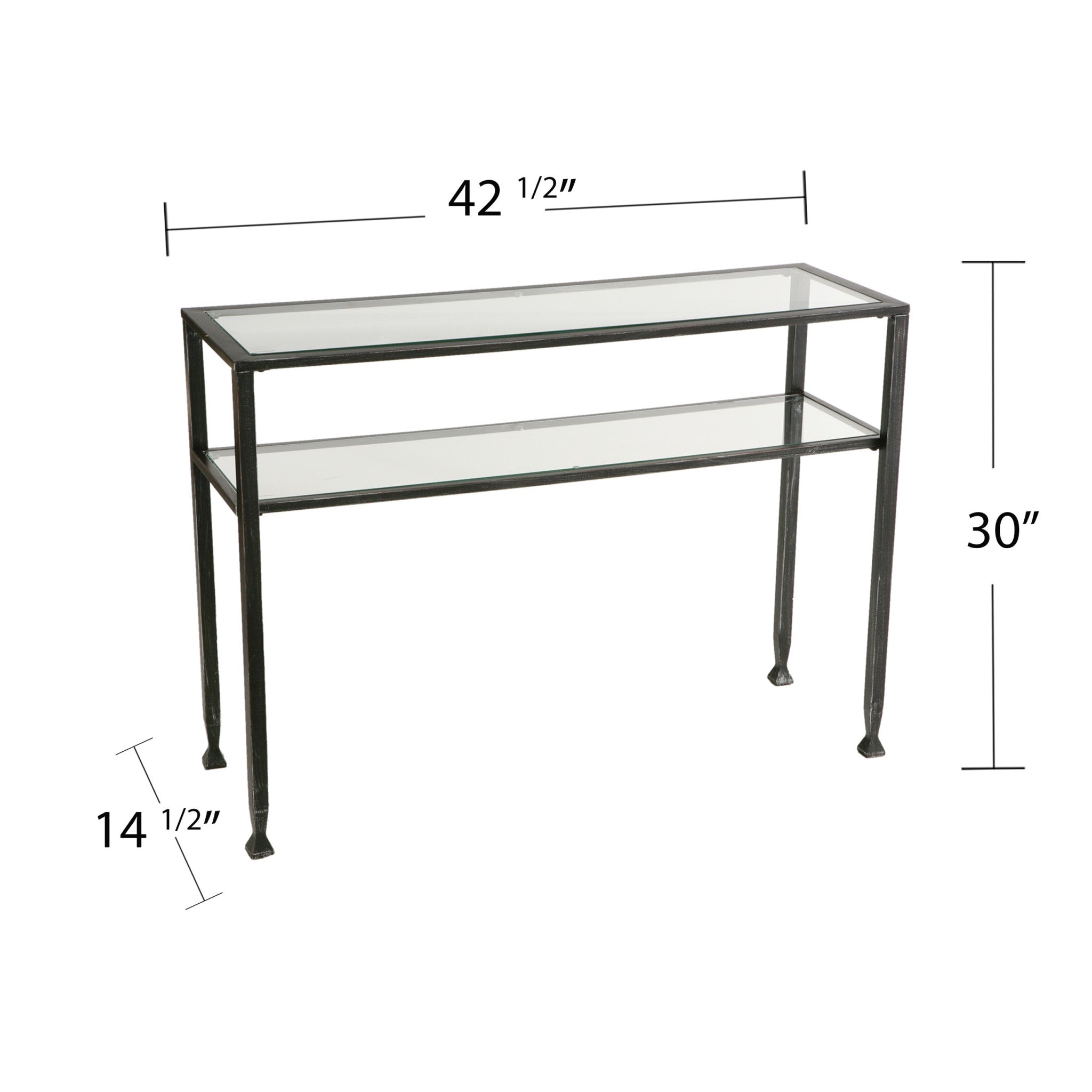 43" Clear and Black and Silver Glass Distressed Console Table With Storage