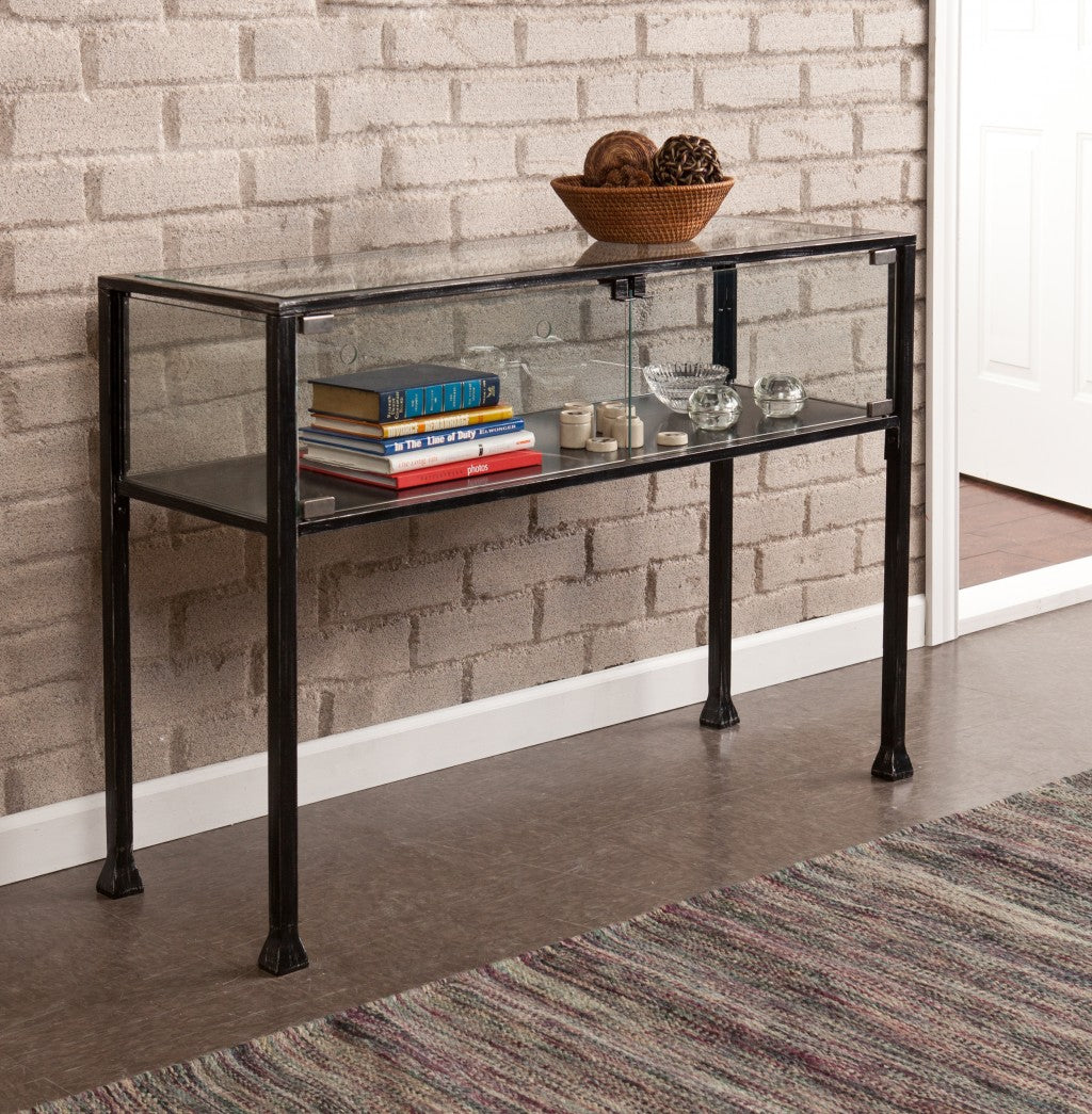 43" Clear and Black Glass Distressed Console Table With Storage