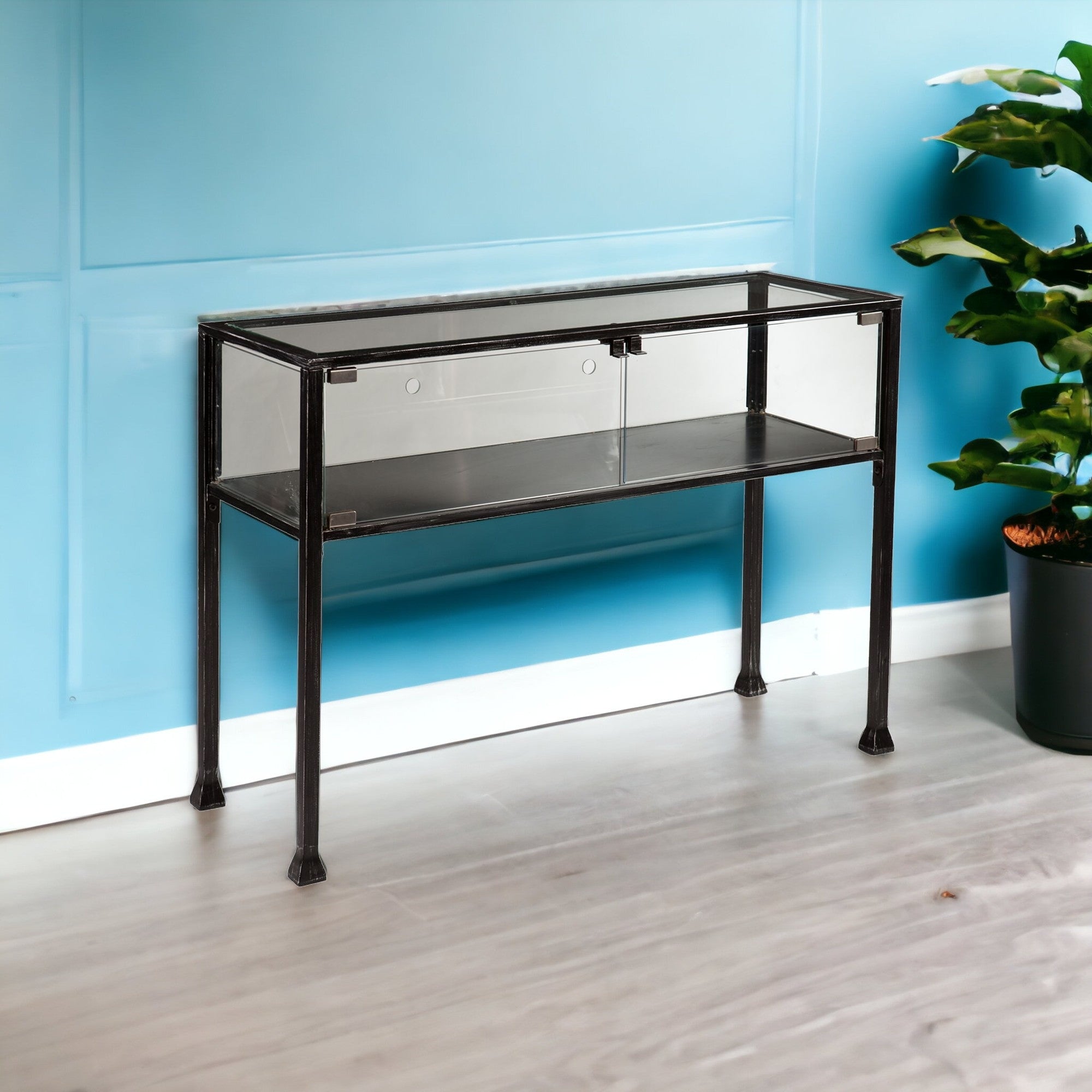 43" Clear and Black Glass Distressed Console Table With Storage