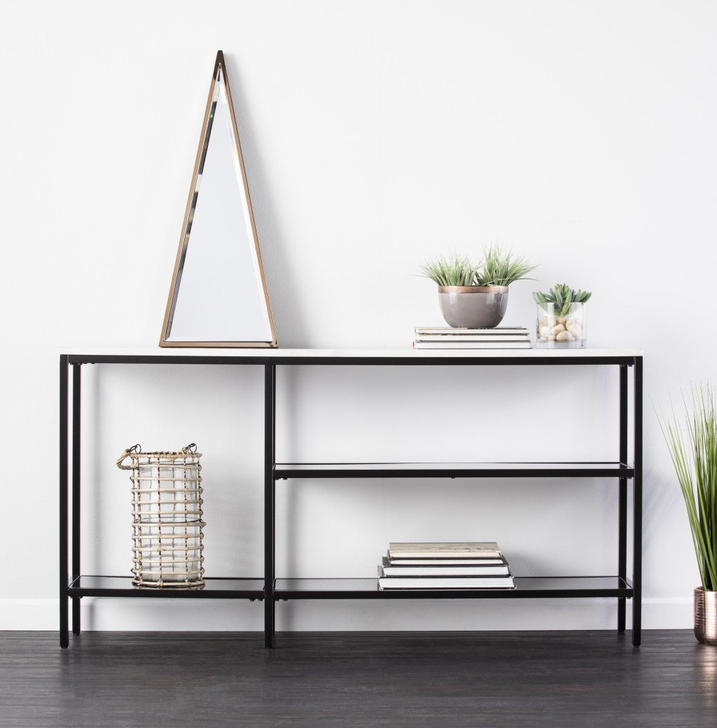 56" White and Black Faux Marble Floor Shelf Console Table With Storage