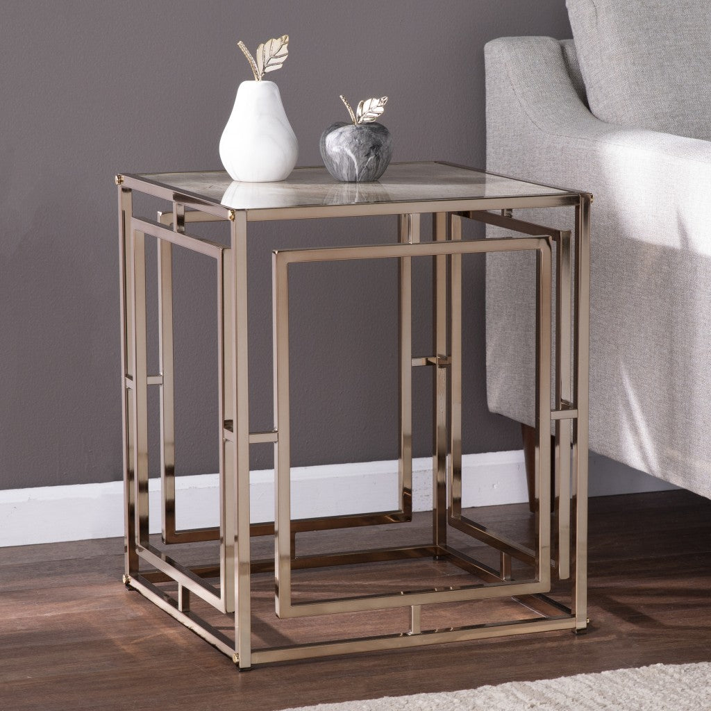 23" Champagne Glass And Iron Square End Table