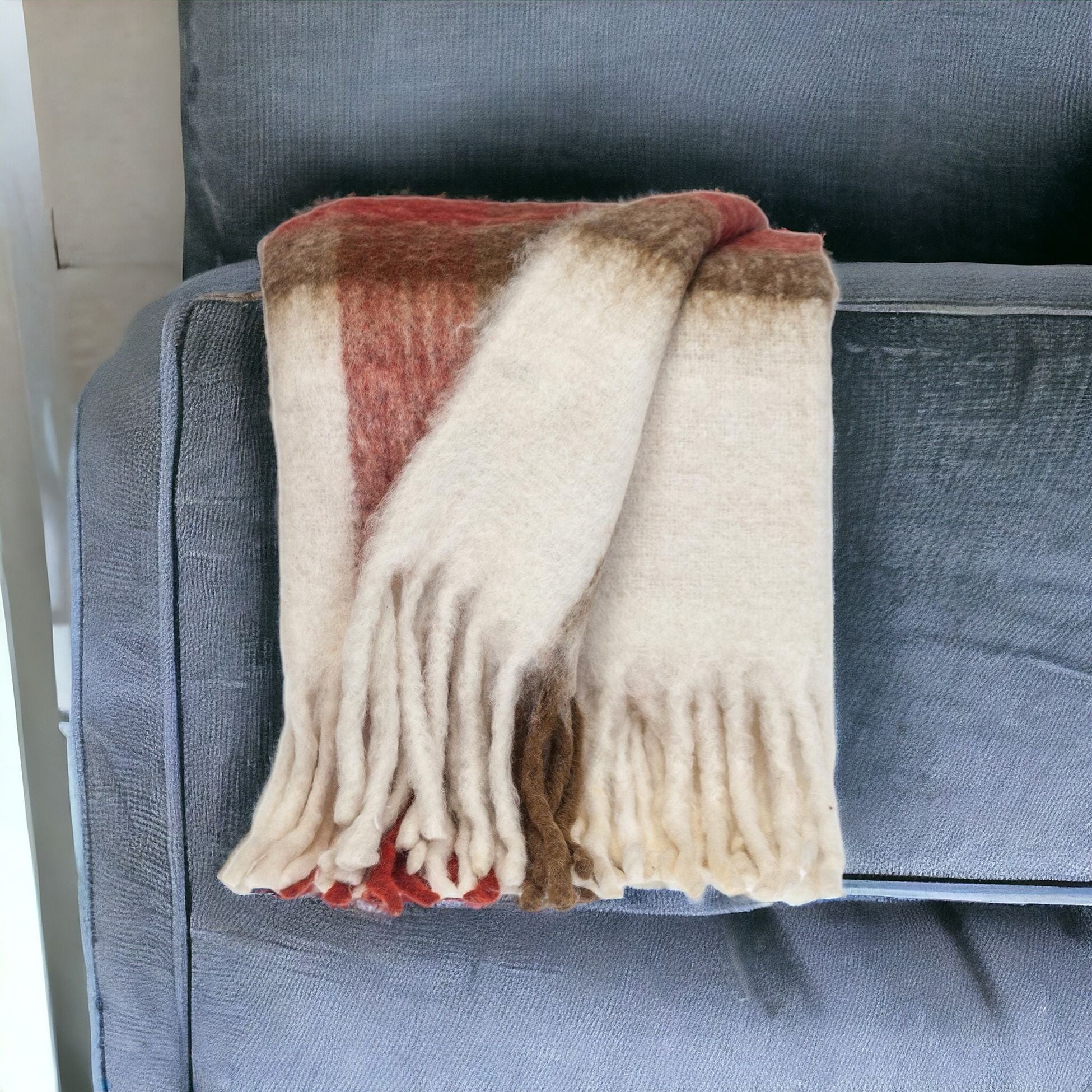 Warm Ivory Red and Brown Super Soft Handloomed Throw Blanket