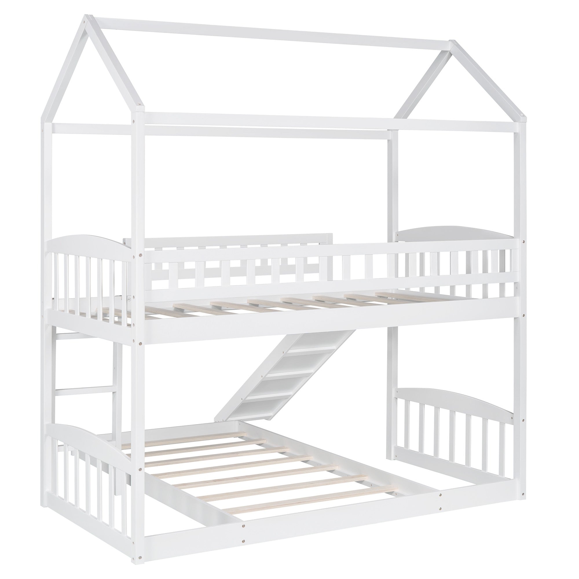 White Playhouse Frame Full Over Full Perpendicular Bunk Bed with Slide