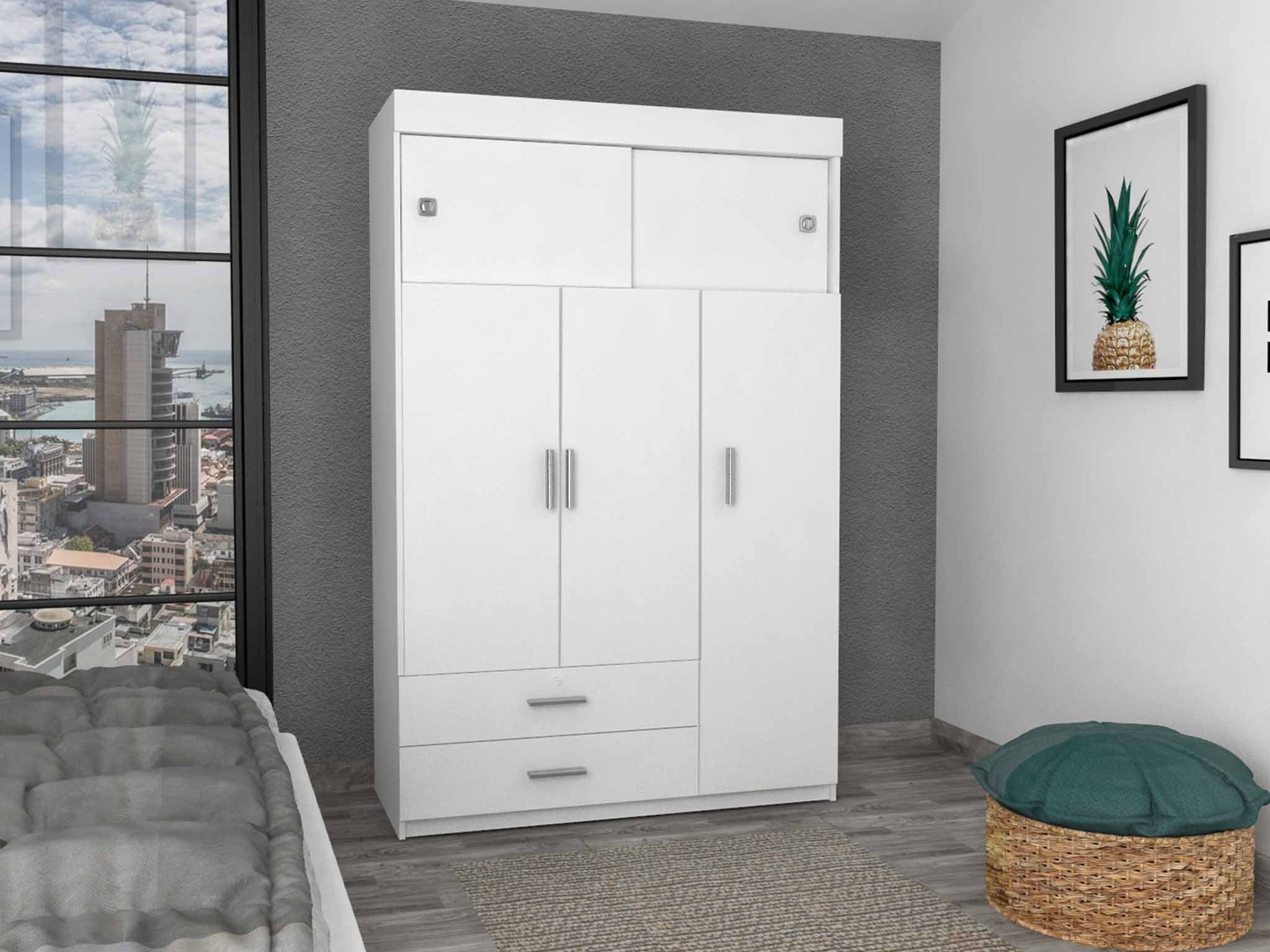 White Tall Three Door Closet with Sliding Doors