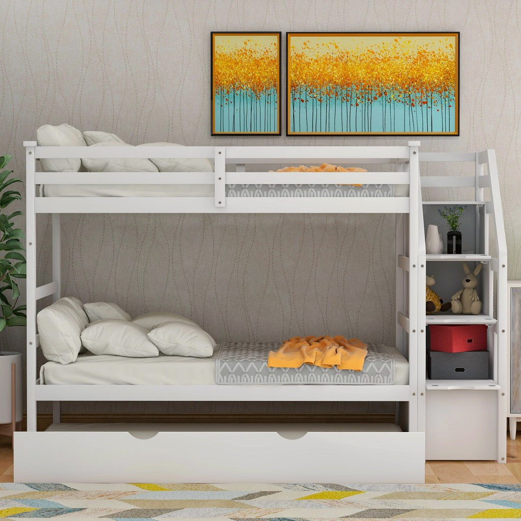 White Twin Over Twin Bunk Bed with Trundle