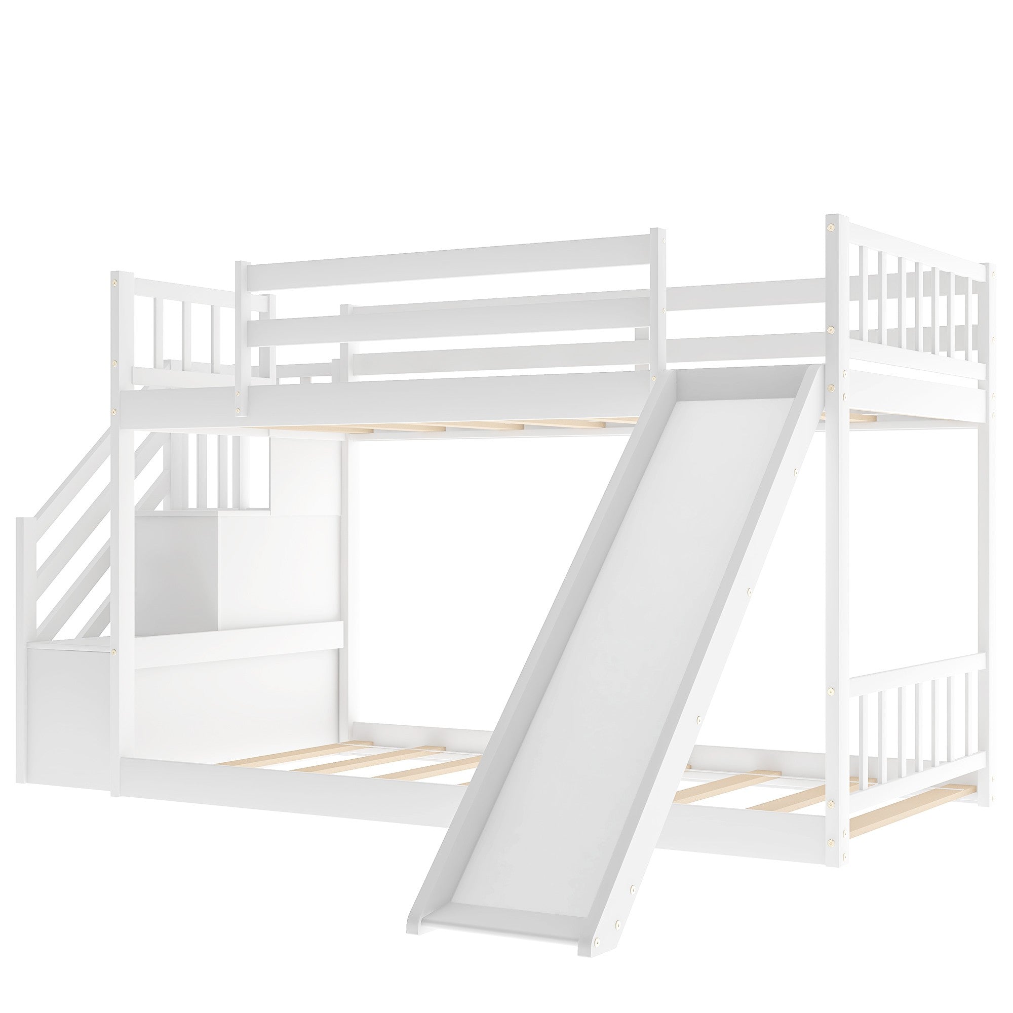 White Twin Over Twin Bunk Bed with Stairway and Slide