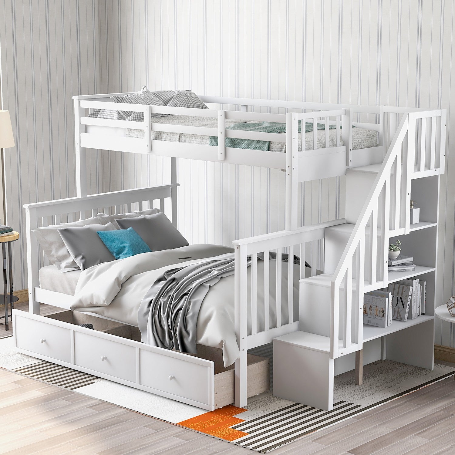 White Twin Over Full Contemporary Bunk Bed With Stairs And Shelves