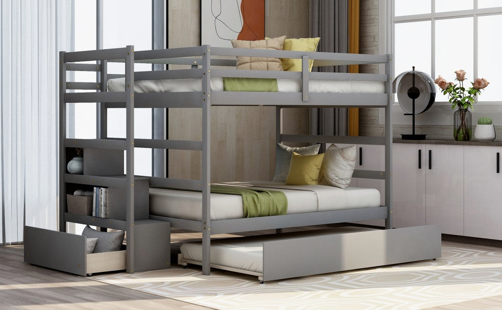 Gray Full Over Full Contemporary Bunk Bed With Stairs