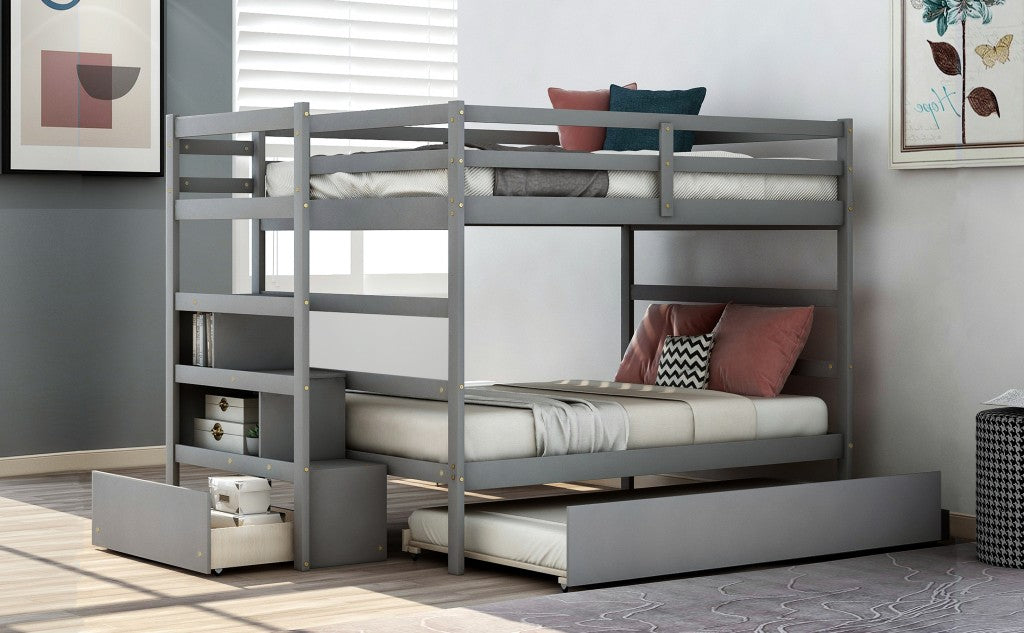 Gray Full Over Full Contemporary Bunk Bed With Stairs