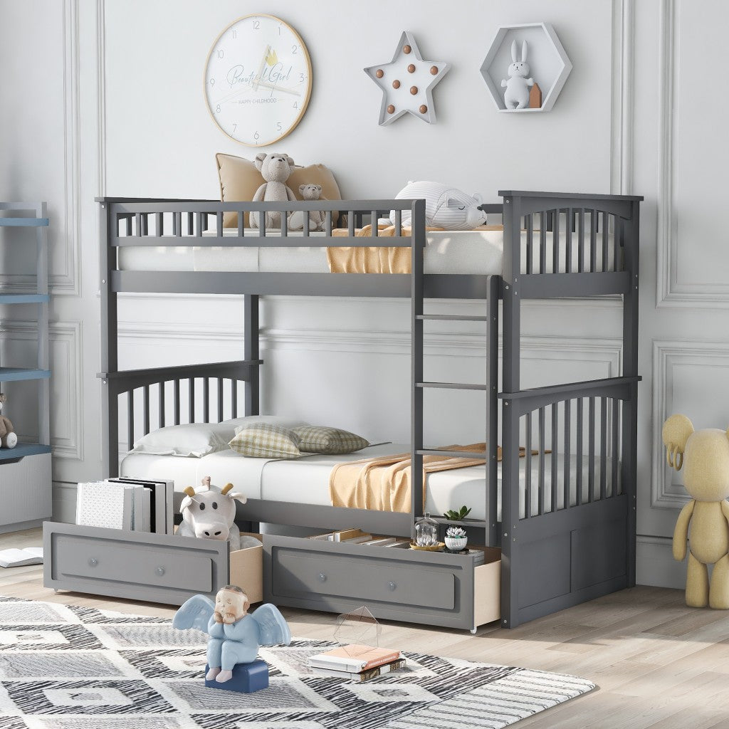 Twin over Twin Bunk Bed Drawers Convertible Beds Gray