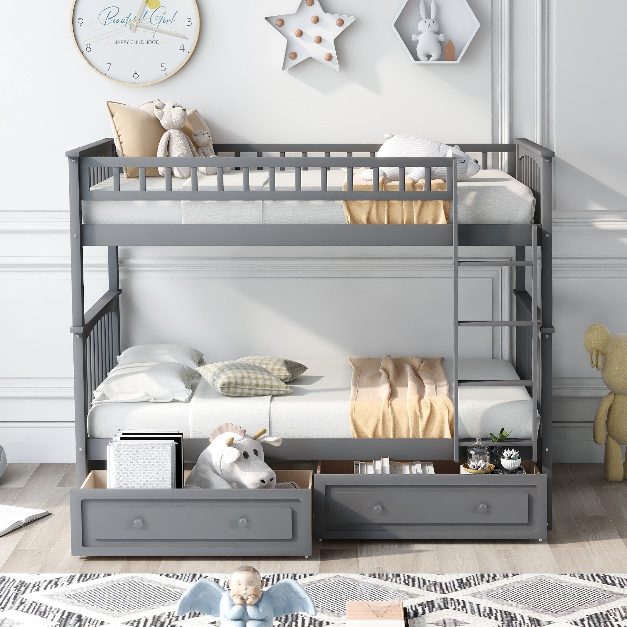 Twin over Twin Bunk Bed Drawers Convertible Beds Gray