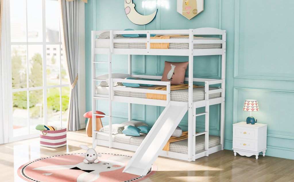 White Triple Bunk Twin Sized Bed with Slide