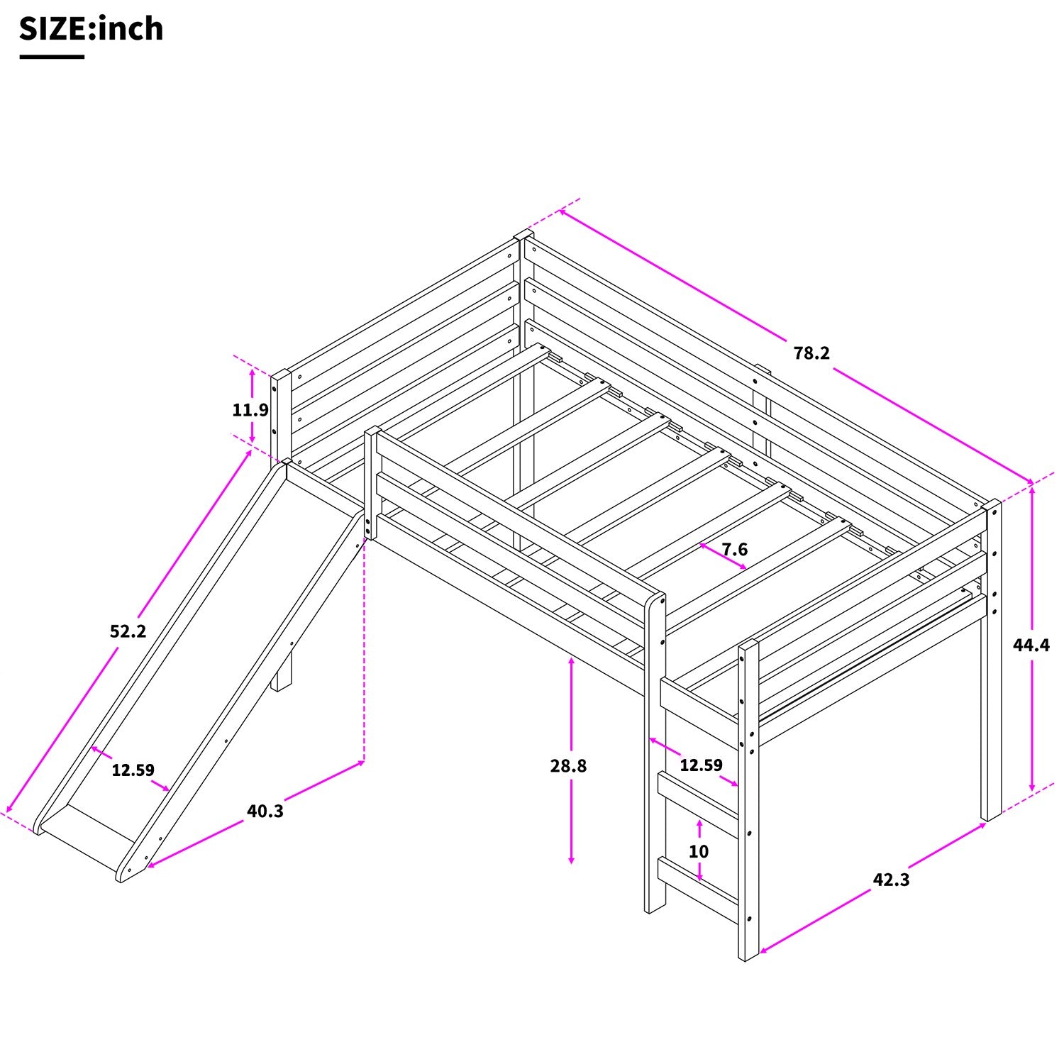 Brown Low Loft Bed With Slide