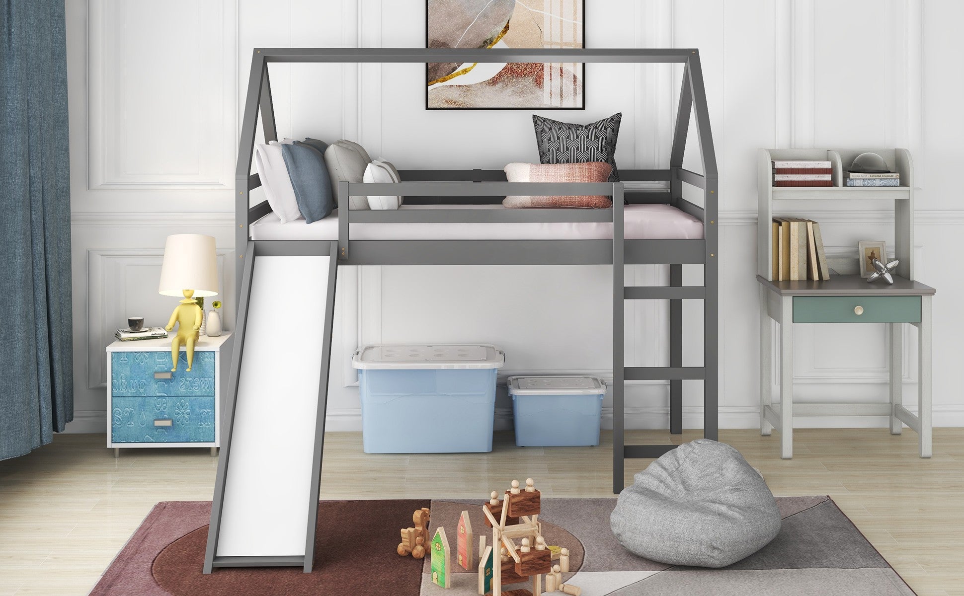 Gray Twin Size Slide House Loft Bed