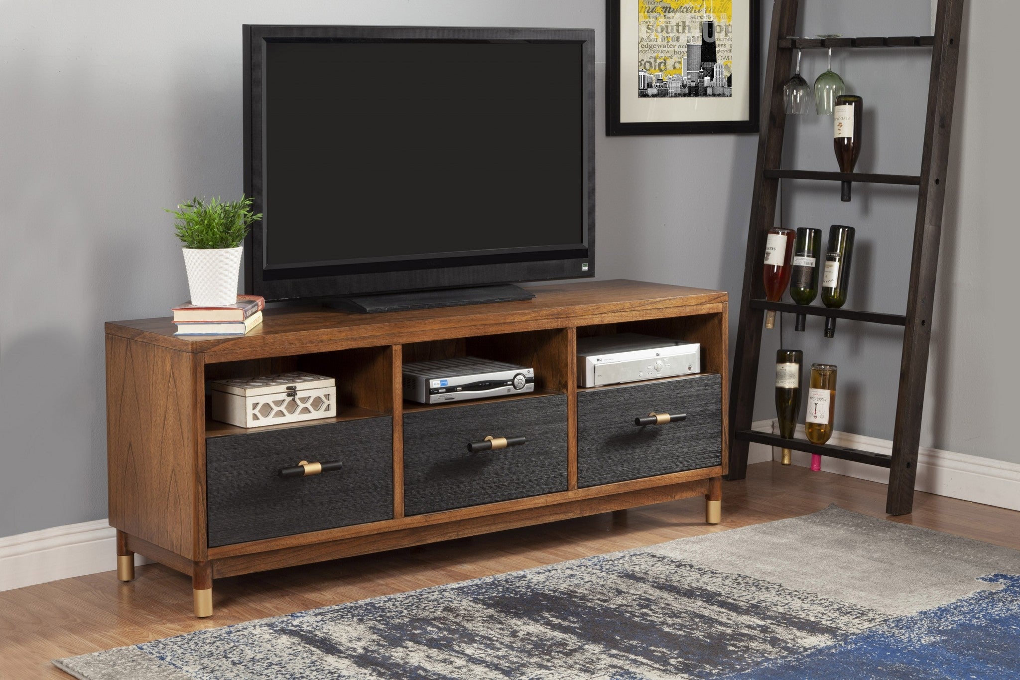 61" Brown and Black Mahogany Solids & Veneer Open shelving TV Stand