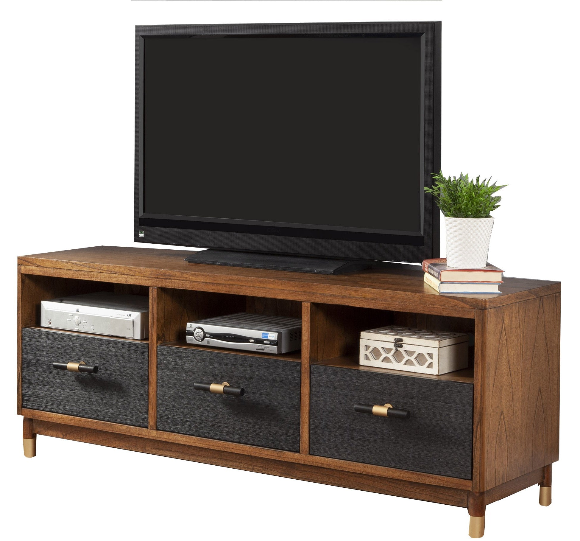 61" Brown and Black Mahogany Solids & Veneer Open shelving TV Stand