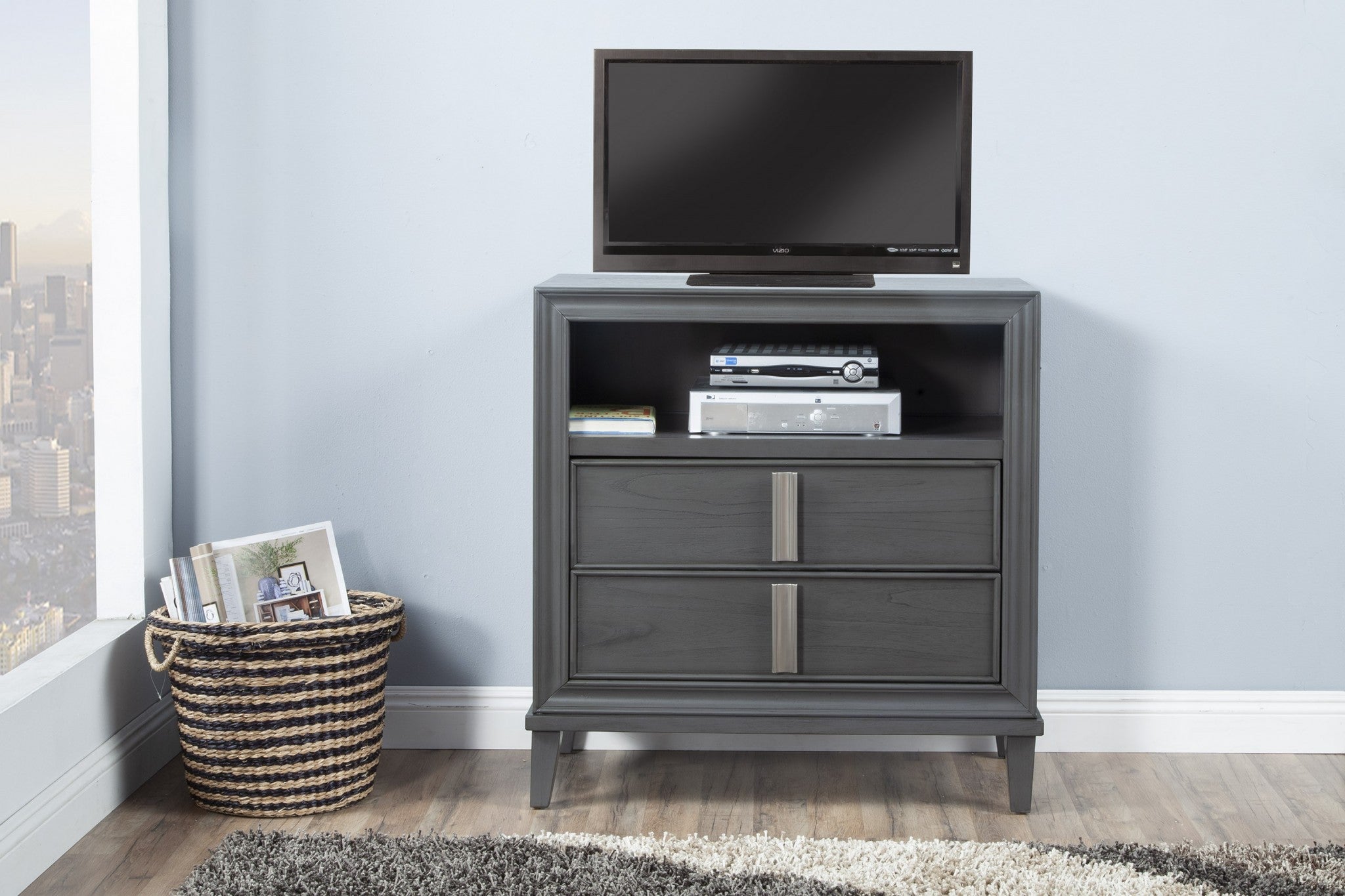 36" Gray Pine Poplar Solids With Mindy And Veneer Open Shelving TV Stand