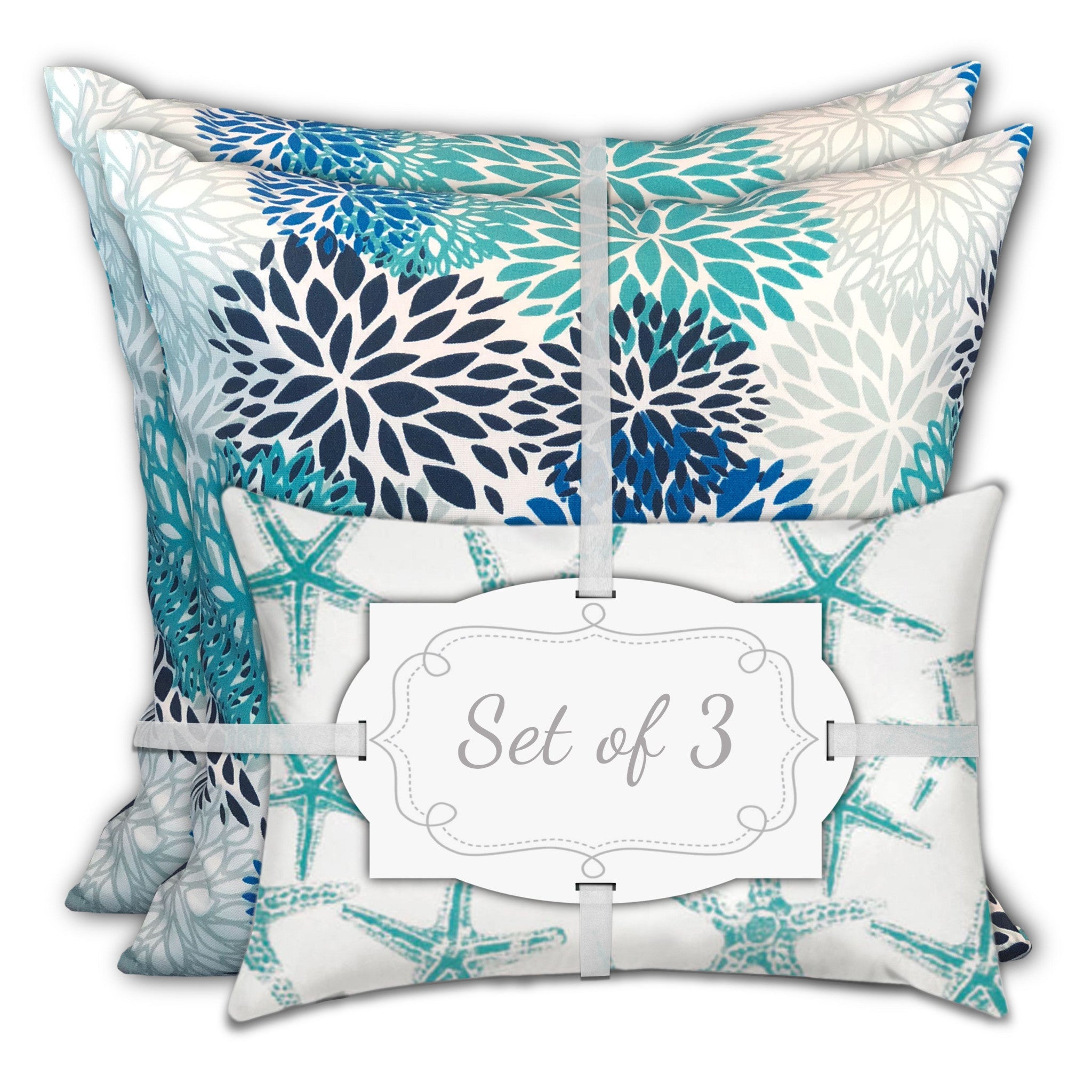 Set Of Three 18" X 18" Blue And White Zippered Floral Throw Indoor Outdoor Pillow