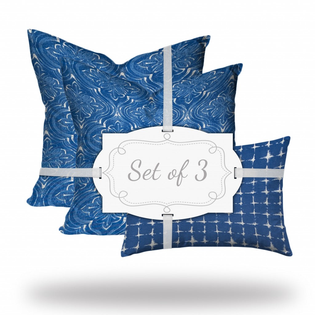 Set Of Three 20" X 20" Blue And White Zippered Coastal Throw Indoor Outdoor Pillow Cover