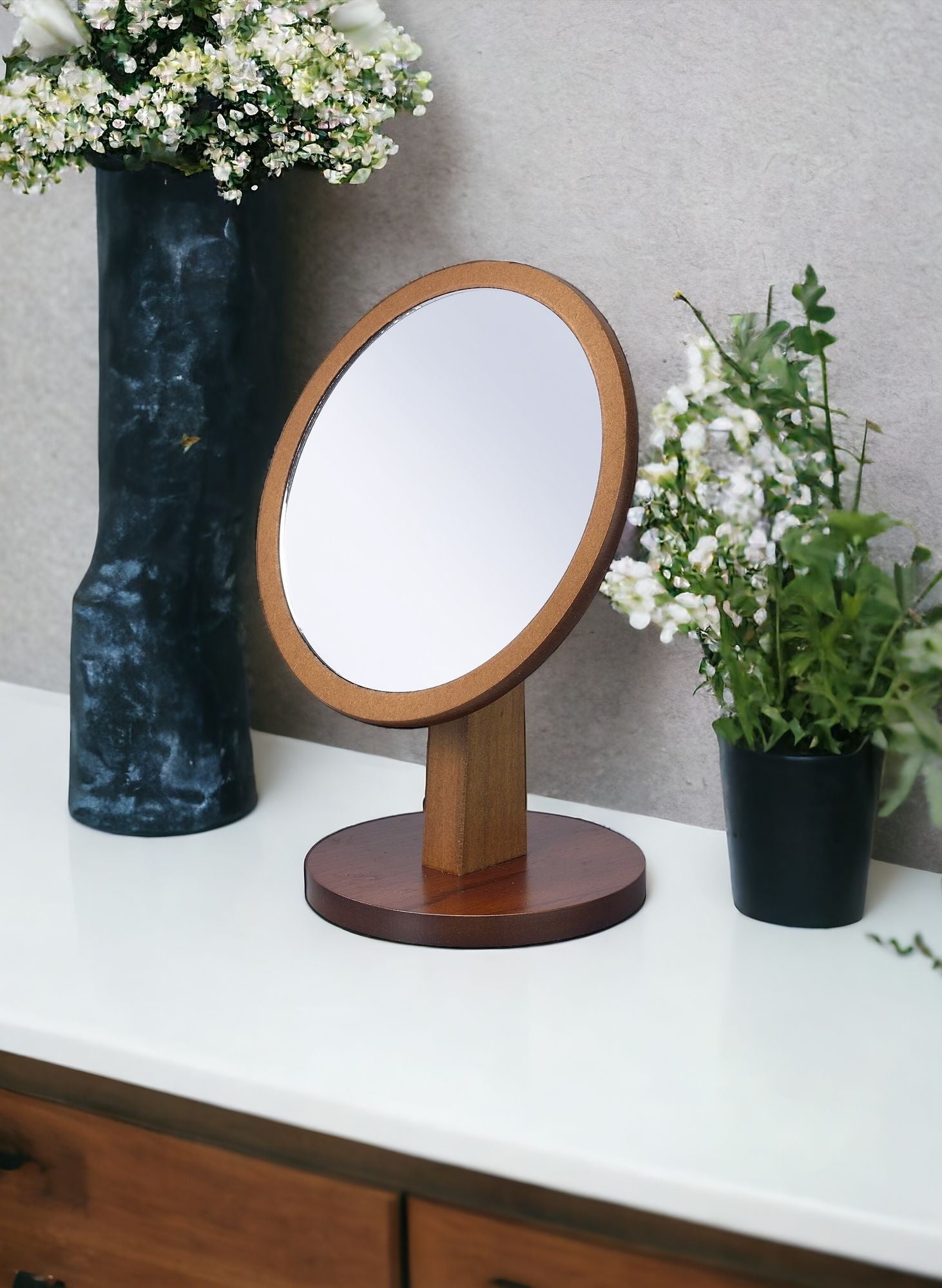 Brown Round Makeup Shaving Tabletop Mirror