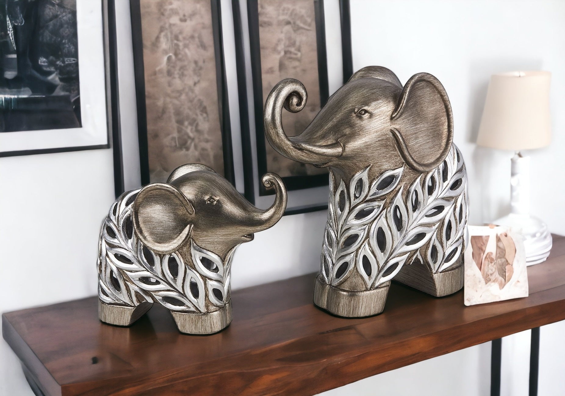 Set of Two 9" Silver Polyresin Elephant Statue