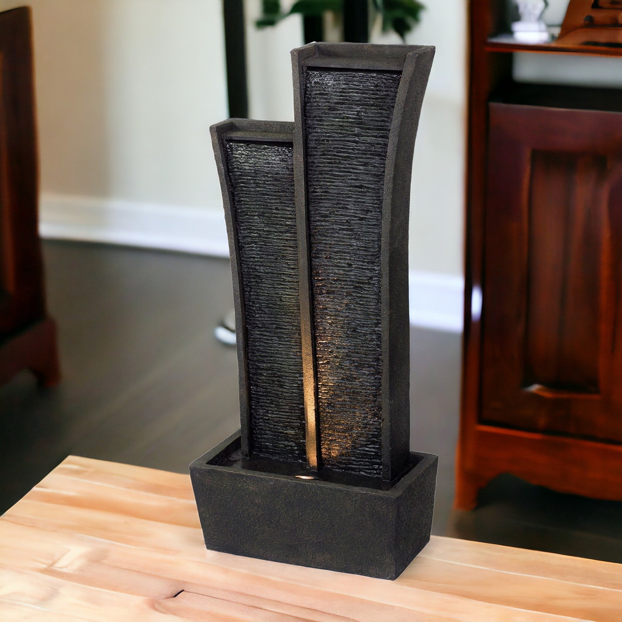 41" Grey Polyresin Tower Indoor Outdoor Tabletop Fountain