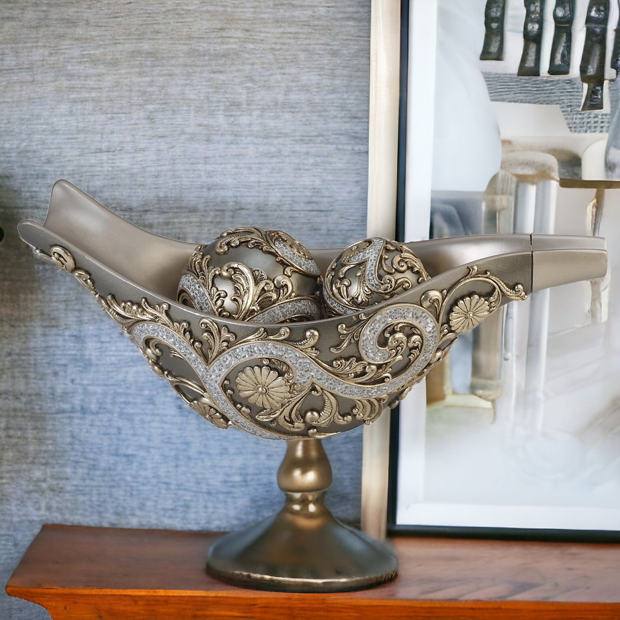 Set of Three Bronze and Silver Polyresin Decorative Bowl with Orbs