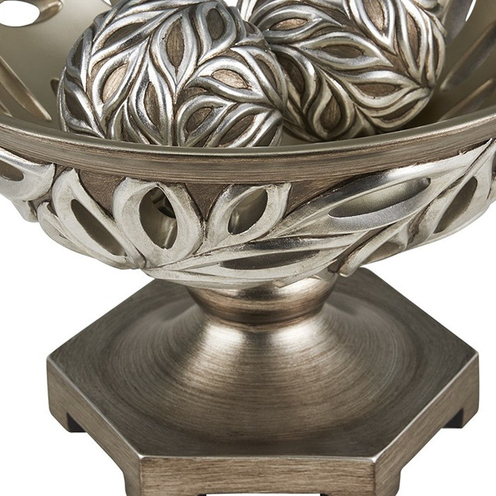 13" Brushed Silver Leaf Polyresin Decorative Pedestal Bowl with Orbs