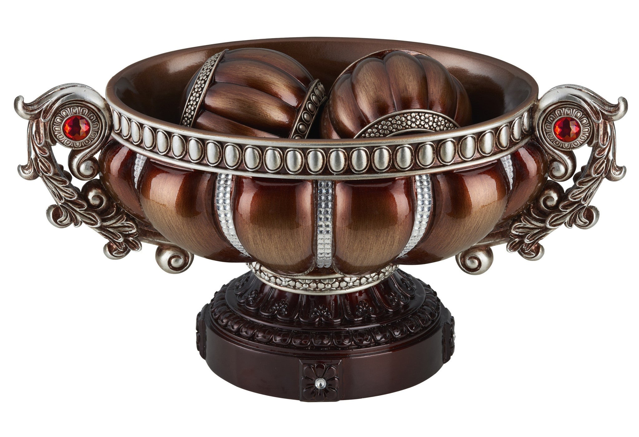 9" Reddish Bronze And Silver Polyresin Decorative Bowl With Orbs