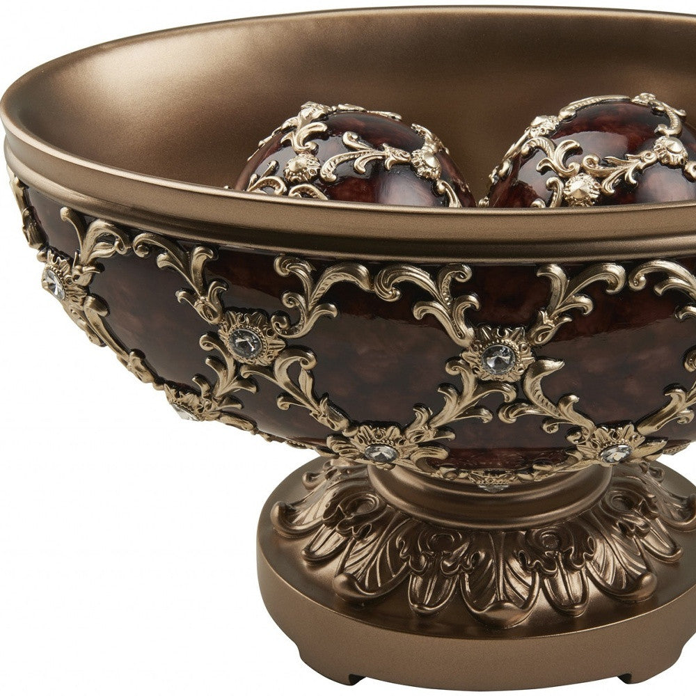 8" Matte Gold and Bling Polyresin Decorative Bowl With Orbs