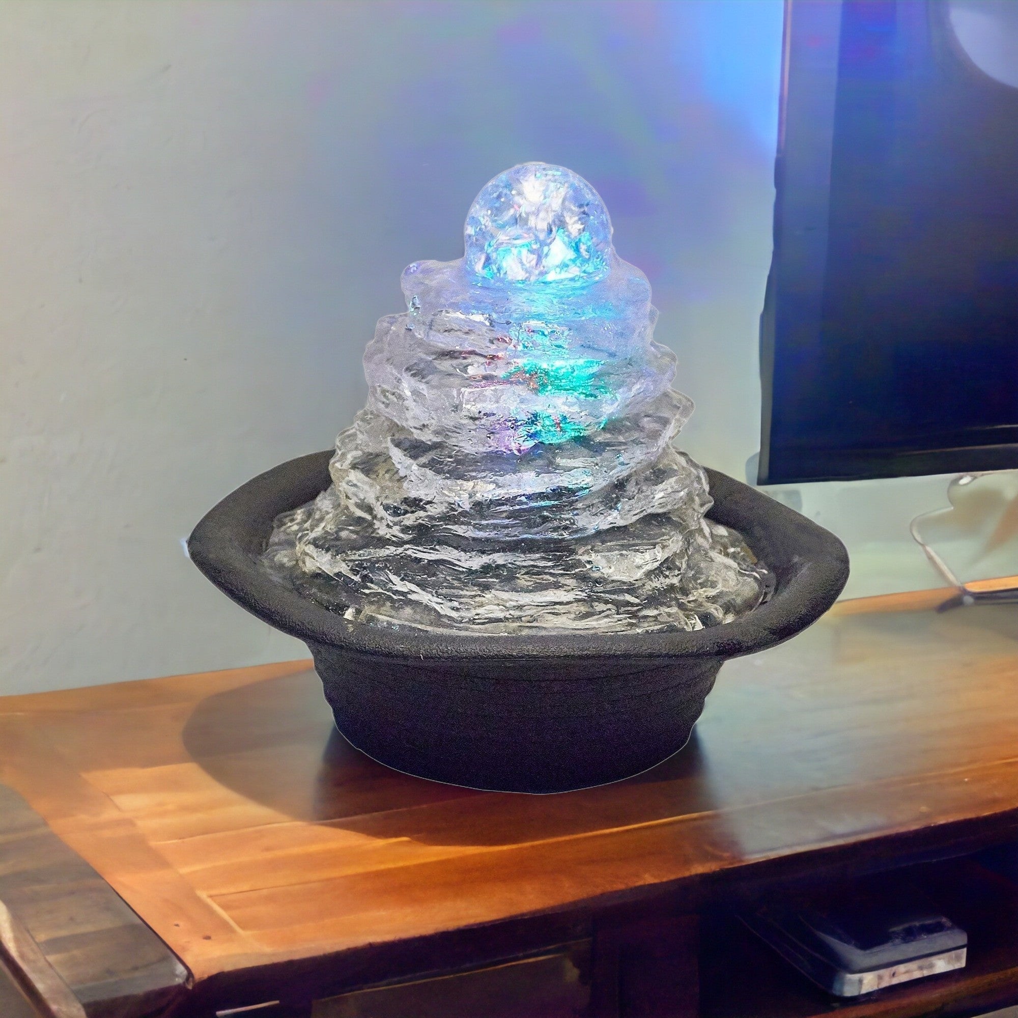 8" Clear Polyresin Tabletop Fountain With LED