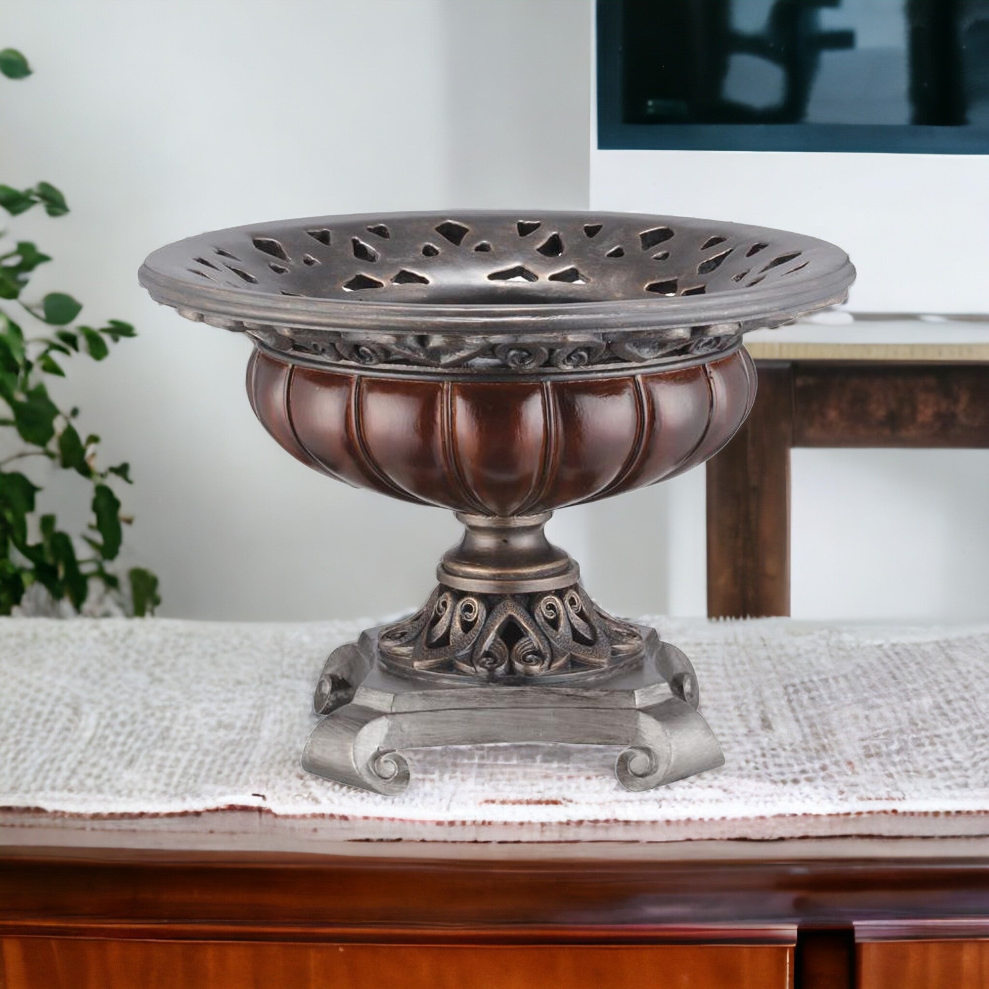 9" Silver and Bronze Polyresin Decorative Centerpiece Pedestal Bowl