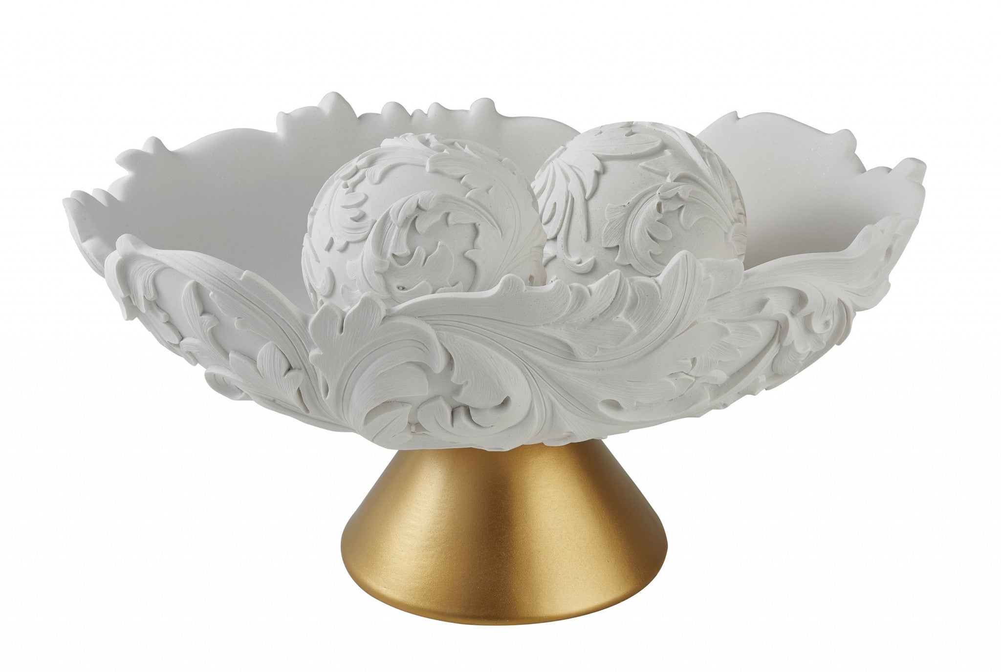 9" Matte Gold And White Polyresin Decorative Bowl With Orbs