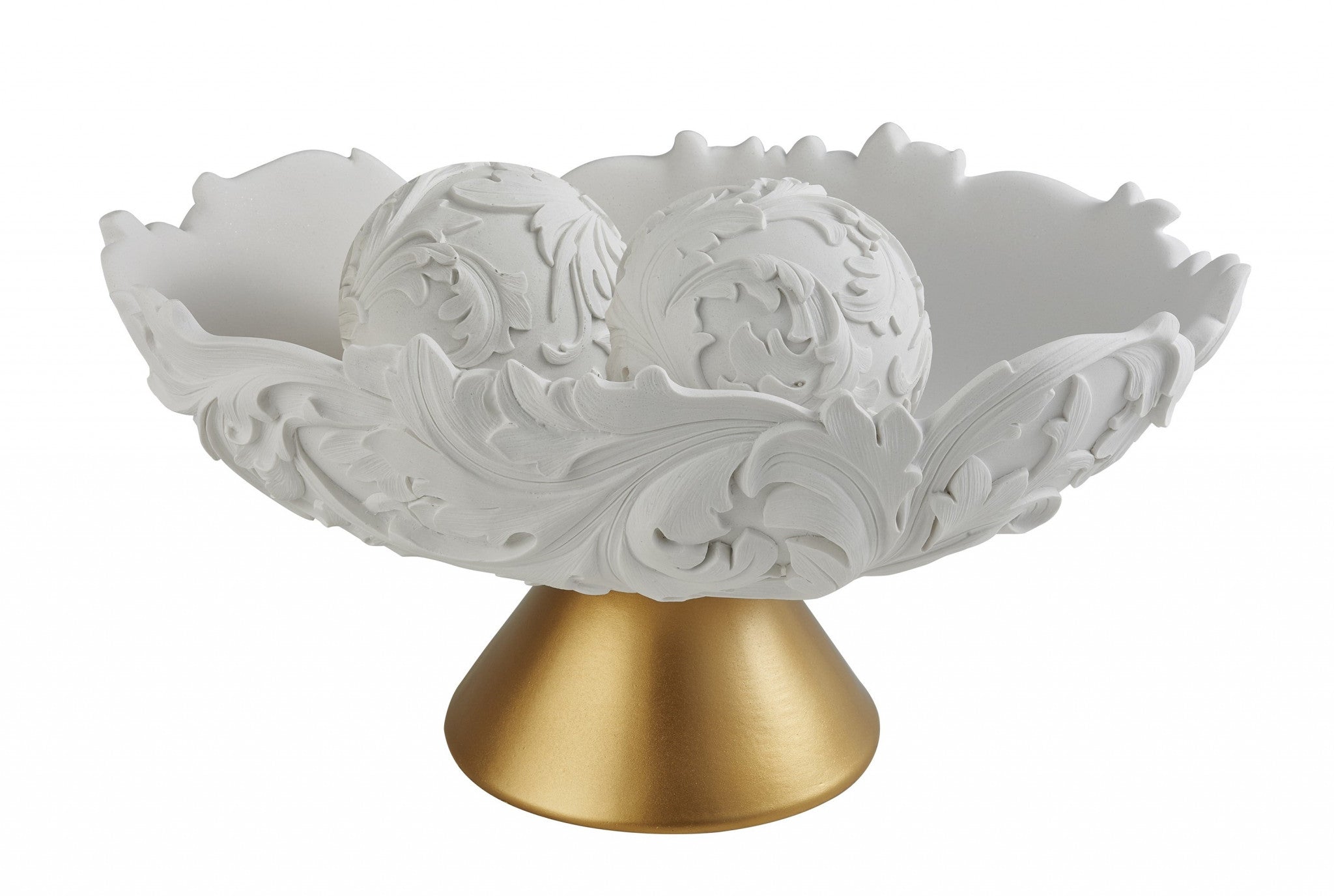 9" Matte Gold And White Polyresin Decorative Bowl With Orbs