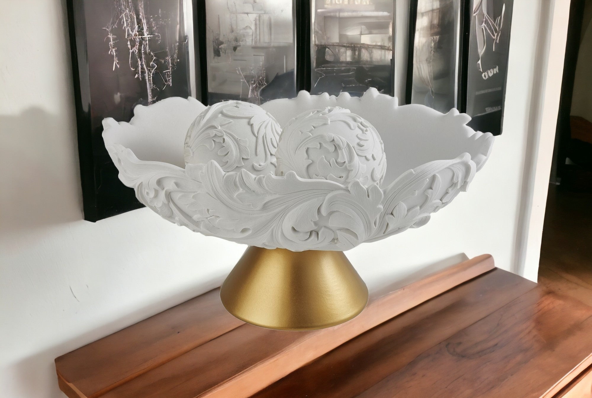 9" Matte Gold And White Polyresin Decorative Bowl With Orbs