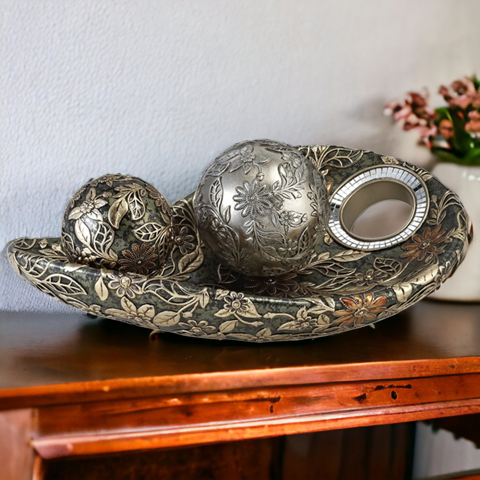 8" Green Silver And Gold Polyresin Decorative Bowl With Orbs