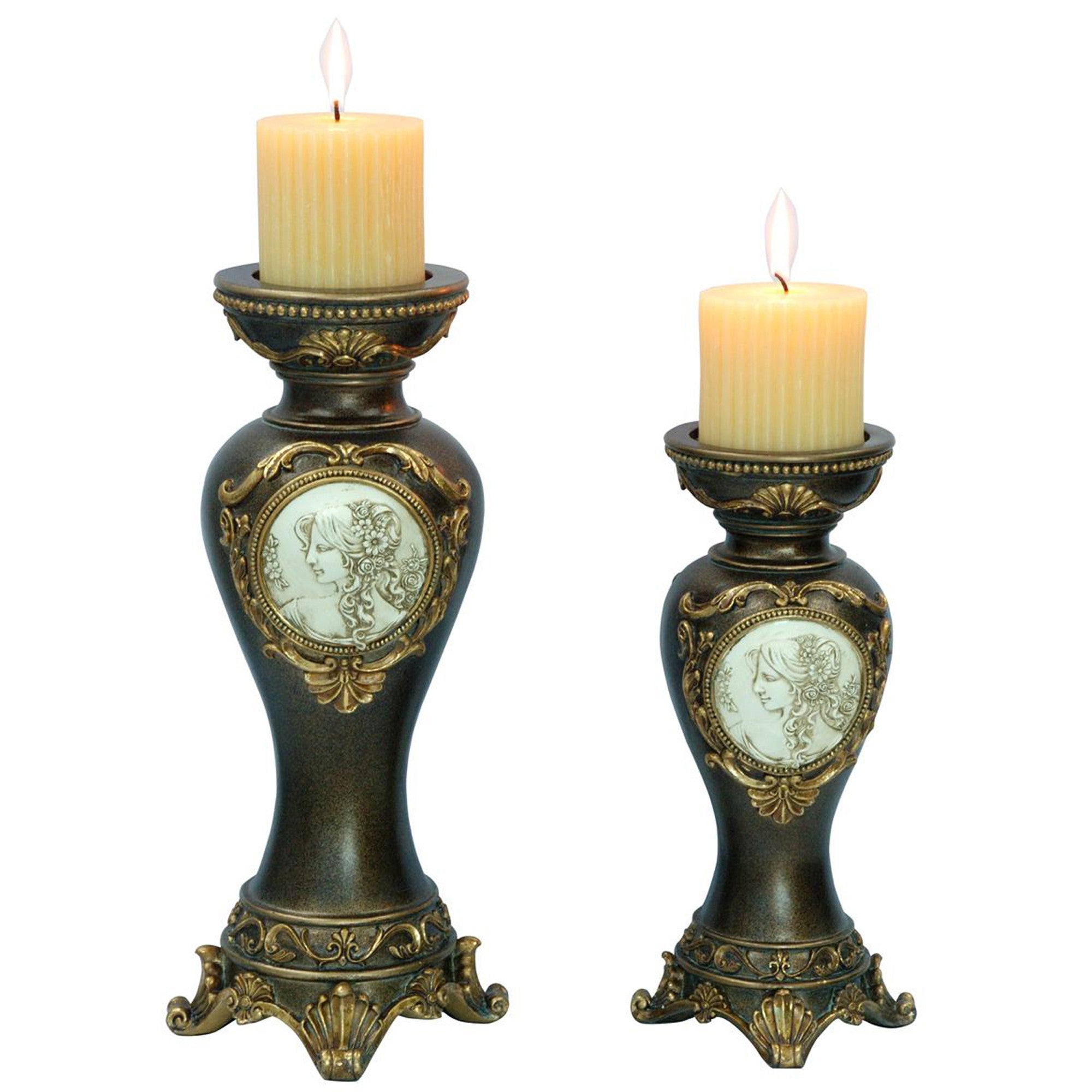 Set Of Two Bronze Greek Cameo Pillar Candle Holders