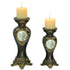 Set Of Two Bronze Greek Cameo Pillar Candle Holders