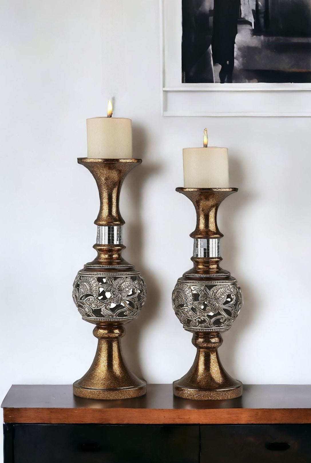 Set Of Two Silver and Brown Pillar Tabletop Pillar Candle Holders